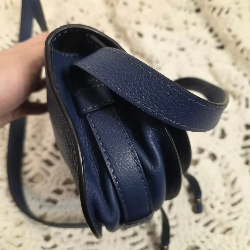 Chloé Marcie Small Saddle Crossbody Bag Navy Blue Grained Leather Gold Hardware